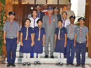 The Governor of Arunachal Pradesh Lt. Gen (Retd) Nirbhay Sharma with Scouts and Guides on the foundation day of Bharat Scouts and Guides movement, which is observed as �Flag Day� at Raj Bhawan, Itanagar on 7th November 2014